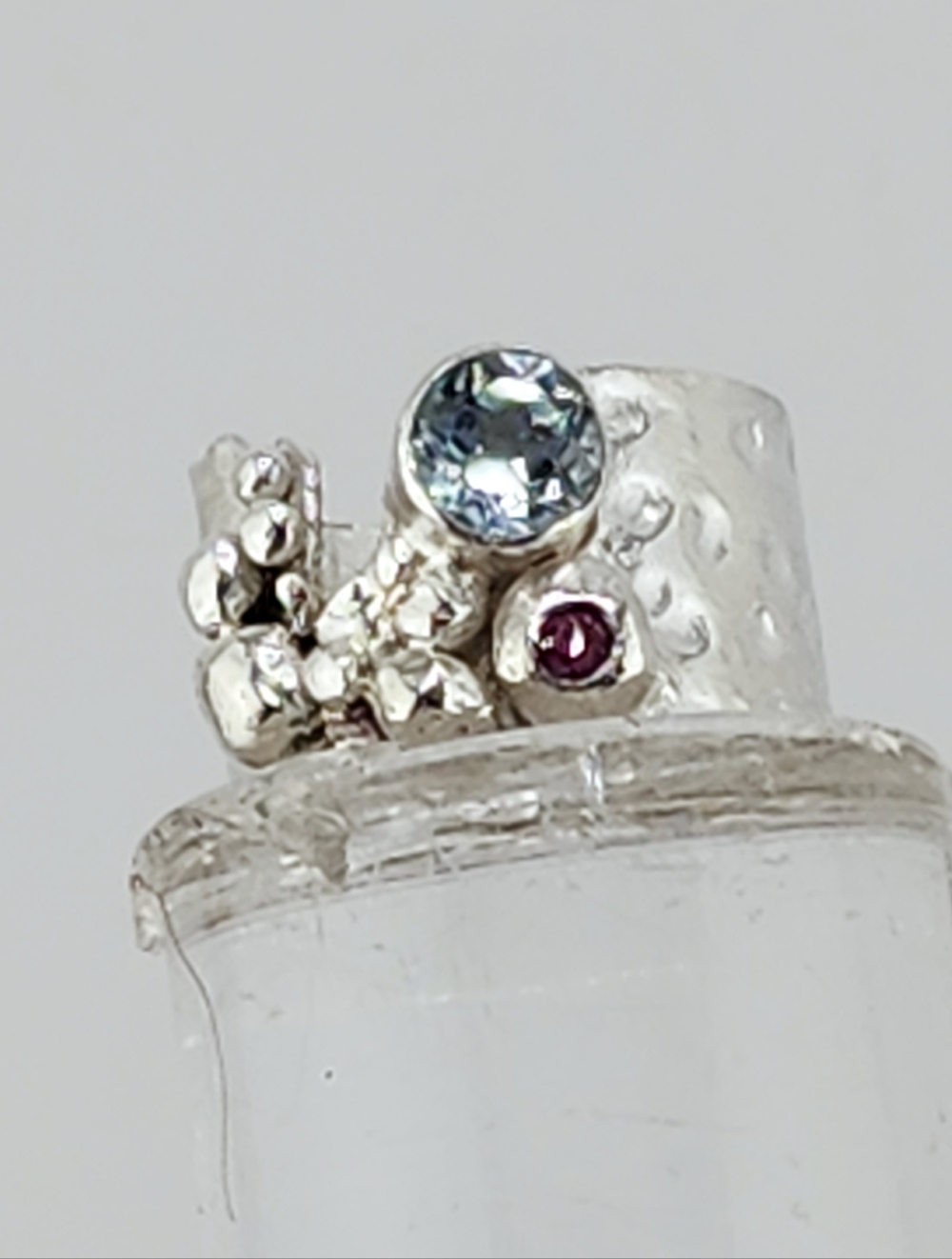 AQUAMARINE & PINK SAPPHIRE BRUTALIST RING HANDMADE IN STERLING SILVER SIZE 8